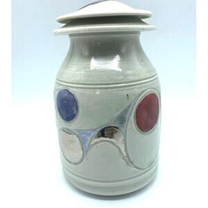 Blue,‎ silver  & Red Ceramic Lidded Jar pottery, Modern Abstract design function